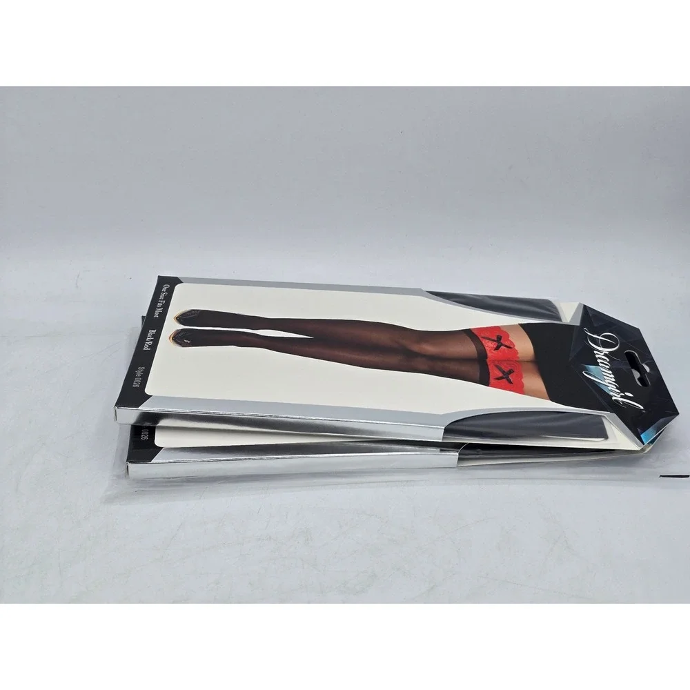 Dreamgirl Thigh High Stockings Womens OSFM Black Red Contrast Lace Bows -New